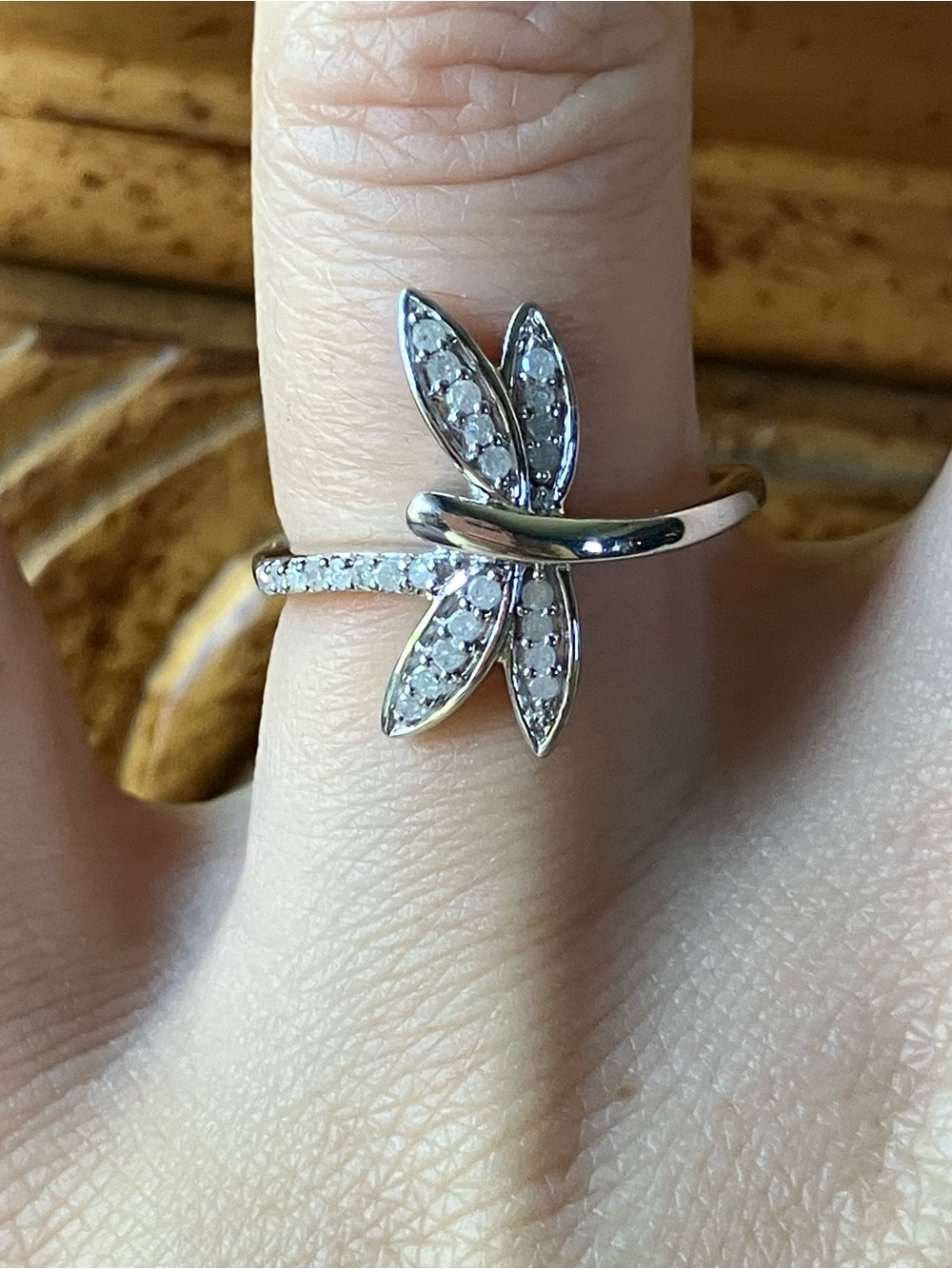 Natural White Diamond Sterling Silver Dragonfly Ring Size 6.75